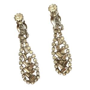 Vintage Teardop Rhinestone Earrings Art Deco Dangle Style Clear Baguette & Round